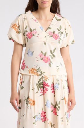 Ellen Tracy Balloon Sleeve Cotton Poplin Top in Beige Garden Floral at Nordstrom Rack, Size X-Small