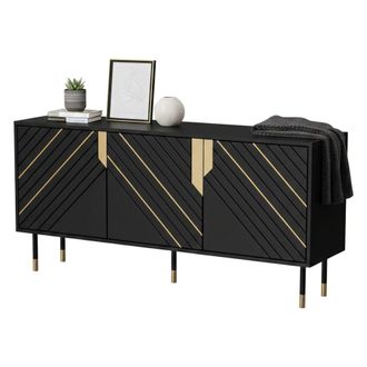 Dmora Aparador Cossogno, Aparador De Sal&oacute;n Con Tres Puertas Batientes Y Compartimentos Interiores, Elevado Del Suelo, 154x40 H72 Cm, Negro Y Dorado