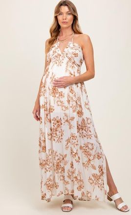 Pinkblush Blue Floral Tie-Back Halter Maxi Dress in Taupe at Nordstrom, Size Medium