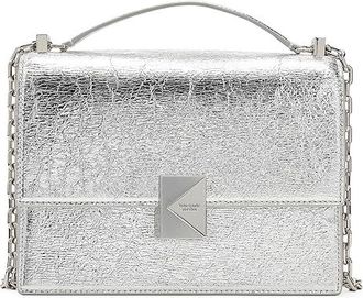 Kate Spade New York Deco Crinkle Metallic Leather Chain Shoulder Clutch Womens Handbags Silver