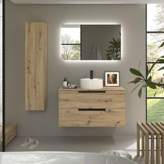 Cygnus Bath Mueble De Ba&ntilde;o Leni 100cm Roble 2 Cajones Lavabo Sobre Encimera 1 Poza Porcelana