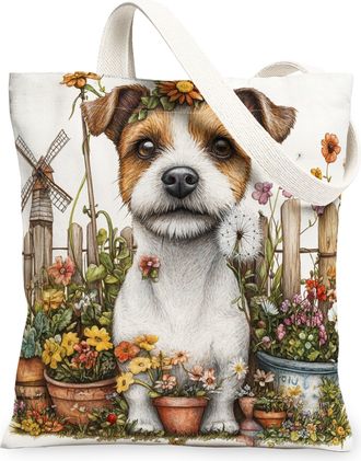 Generic Spring Russell Terrier Dog Canvas Tote Bag for Shopping 13x15, Farmhouse Country Puppy Reusable Grocery Print Bag for Women, Farm Pet Beach Aesthetic 