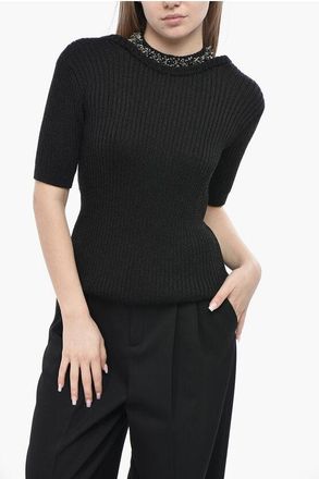 Dries Van Noten Cotton-Blend Crewneck Top TONIA with Jewel Neckline size M