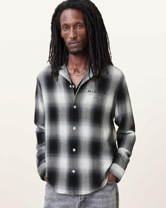 AllSaints Mens Cotton Underfade Checked Long Sleeve Shirt, Size: XXL