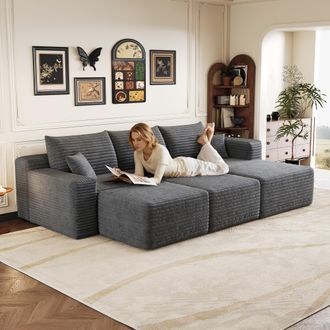 STILVORA Divano Modulare 5 Posti In Velluto A Coste Con Pouf E Chaise Longue A Destra, Senza Montaggio, Grigio Scuro