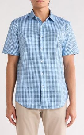 Bugatchi Plaid Stretch Cotton Short Sleeve Button-Up Shirt in Classic Blue at Nordstrom Rack, Size Xxx-Large