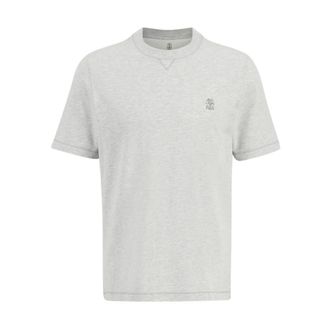 Brunello Cucinelli Tops, Heren, Grijs, XL, Katoen, Logo Embroidery T-Shirt