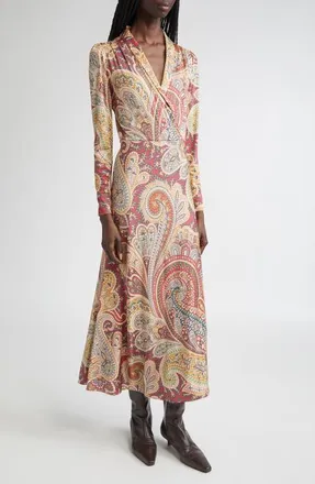 Etro Paisley Print Long Sleeve Faux Wrap Jersey Dress in Stampa F.do Bordeaux at Nordstrom, Size 4 Us