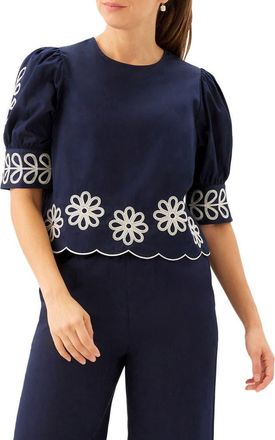Karen Kane Embroidered Scallop Puff Sleeve Cotton Top in Navy at Nordstrom, Size X-Large