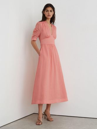 Reiss Pink Poppy Petite Short-Sleeve Waisted Midi Dress - Summer Waist Definition