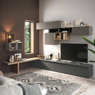 Dmora Dmora - Pared Equipada Polo, Composici&oacute;n De La Sala De Estar, Muebles De Sal&oacute;n Multiusos, Gabinete De Tv, Made In Italy, 276x40 H200 Cm, Bronce Y Antr