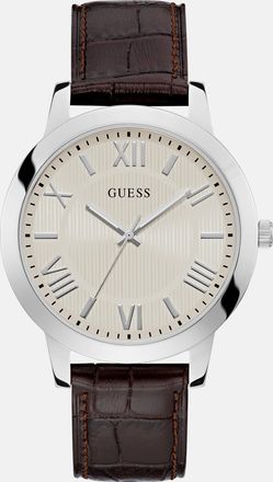 Guess Silver-Tone and Brown Leather Analog Watch