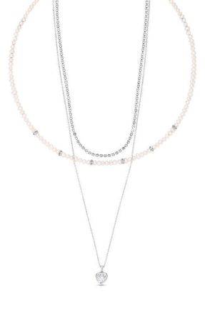 Ettika Layered Charm & Freshwater Pearl Necklace in Silver at Nordstrom