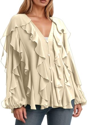 Generic Womens Ruffles Satin Shirt Lady Blouse Solid Color Turndown Collar Long Sleeve Top (Beige, M)