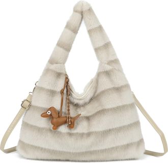 Generic Womens Fluffy Faux Fur Hobo Shoulder Bag with Detachable Dog Charm - Soft Plush Handbag with Long Strap, Top Zip Closure & Gold Tone (Beige-Grey)