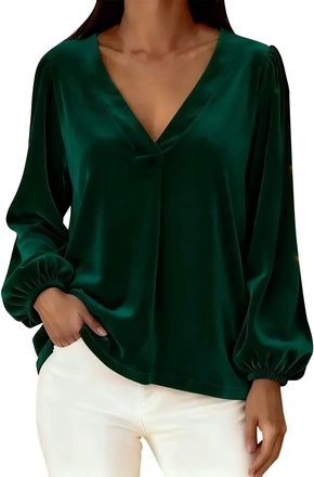 Generic Holiday Tops for Women Dressy Velvet Tops for Women V Neck Long Puff Sleeve Fall Winter Trendy Dressy Casual Loose Cocktail Party Holiday Tunic Shirts