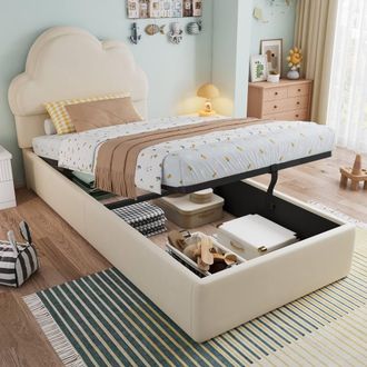 Matteo Single Upholstered Bed - Hydraulic Storage & Cloud Backrest - Beige