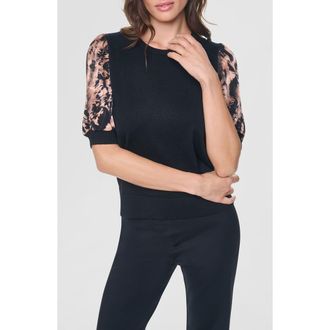 DKNY Print Twist Sleeve Mixed Media Sweater in Black/abstract at Nordstrom, Size X-Small