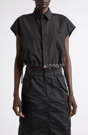 sacai Crop Poplin Shirt in Dark Black at Nordstrom, Size 4