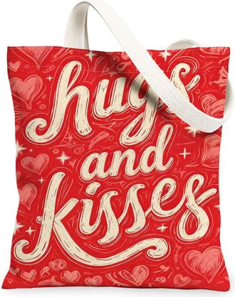 Generic ValentineS Day Heart Canvas Tote Bags, Romantic Love Pattern Reusable Grocery Bags, Lightweight Washable Shoulder Strap Ca, Red, 13x15 Inch