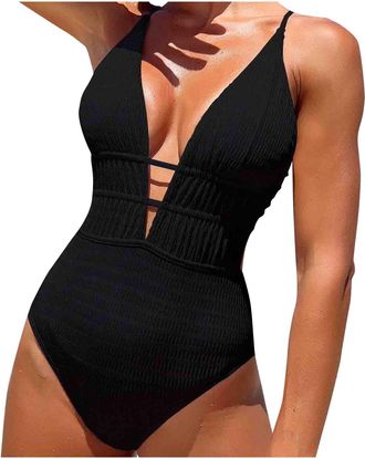 Generic Black Women Beach Casual Swimsuits Sleeveless Swimsuits for Women Deep V Neck Open Back Halter Strap Sexy Low Cut Hawaiian High Leg Swimsuits 2025 S