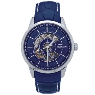Heritor Davies Semi-Skeleton Leather-Band Watch - Silver/Navy