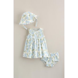 Nordstrom Pintuck Ruffle Cotton Dress, Hat & Bloomers Set in Ivory Egret Blue Hydrangea at Nordstrom, Size 12M