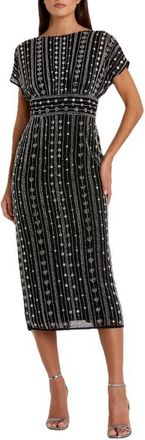 Mac Duggal Beaded Cap Sleeve Column Midi Dress in Black at Nordstrom, Size 18
