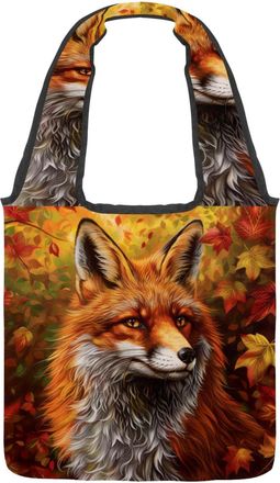 Generic Autumn Leaves Fox Reversible Canvas Shoulder Tote - Double-Sided Print, 12oz Cotton, 27cm Drop, Fold-Flat Bag for Travel, Shopping, Street Outings