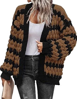 Generic Thick Lantern Sleeve Knit Cardigan Women Color Block Striped Open Front Loose Fit Chunky Sweater Fall Winter Outerwear Brown Black Medium