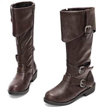 Generic Womens Knee-High Pirate Style Riding Boots Faux Leather Buckle Decorated Low Block Heels Side Zip Boots for Daily Wear Cosplay Festival Outings,Dark B