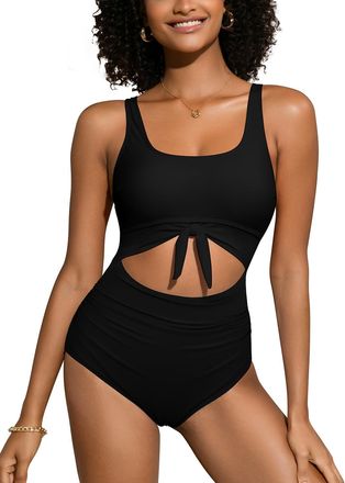 SHEKINI Womens One Piece Swimsuit Cutout Tie Knot Swimwear Padded Tummy Control Slimming Bathing Suit, Black, XX-Large