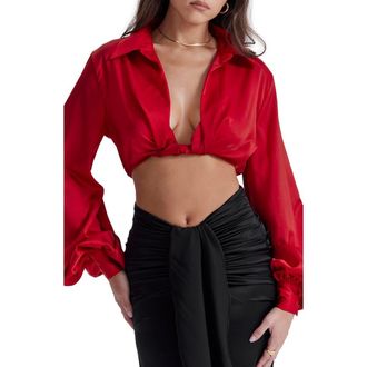 House of CB Laraine Plunge Neck Stretch Silk Crop Blouse in Red Rose at Nordstrom, Size X-Small