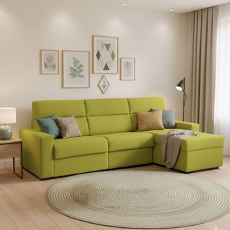Dmora Sof&aacute; Cama Con Chaise Longue Pusiano, Desenfundable, Almacenamiento, Hecho En Italia, Hidr&oacute;fugo, Multiposici&oacute;n, 280x160 Cm Verde