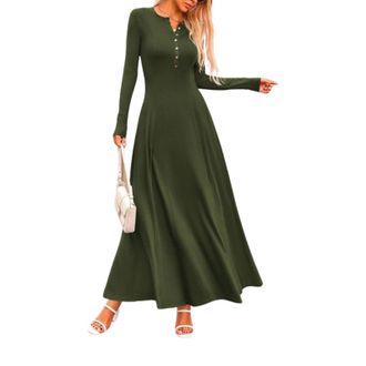 Generic Army Green,M,Knitted Dress,Knitted Dresses for Women UK,Womens Fashion Clothes,Long Sleeve Button Fit and Flare Long Flowy Dresses