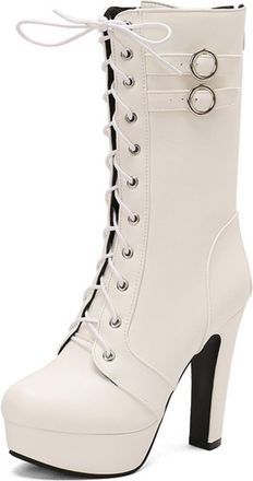 Generic Womens Block High Heel Platform Short Boots Round Toe PU Leather Mid-Calf Boots Lace Up Booties with Zipper,White,7.5 UK