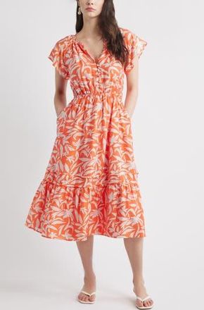 Caslon Front Button Midi Dress in Coral- Blue Hattie Floral at Nordstrom Rack, Size Xx-Small
