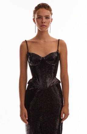 Milla Fitted Hourglass Spaghetti Strap Sequined Corset for Cocktail Events in Black at Nordstrom, Size 10