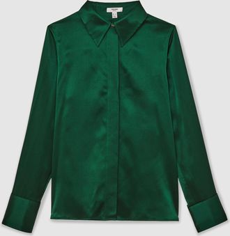 Reiss Green Silk-satin Concealed-placket Shirt, 12