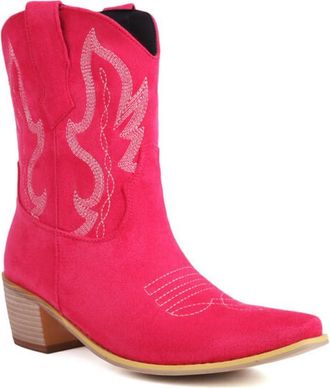 Generic Womens Retro Embroidered Cowboy Boots Pointed Toe Mid Block Heels Faux Suede Cushioned Insole Comfortable Durable Non Slip Casual Daily Western Shoes,