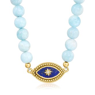 Ross-Simons Lapis, Diamond and Aquamarine Bead Evil Eye Necklace With 18kt Gold Over Sterling