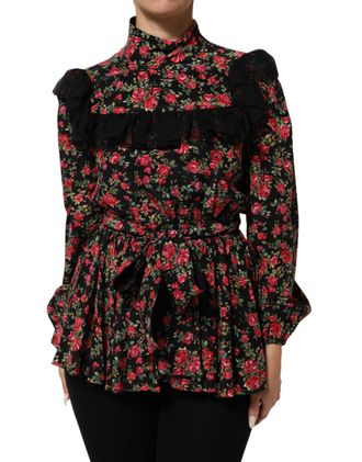 Dolce & Gabbana Womens Black Floral Print Long Sleeve Blouse Top