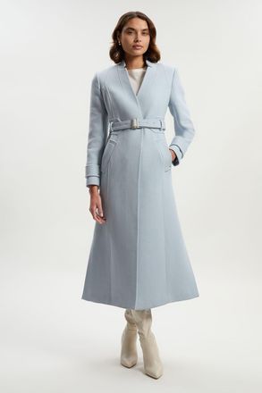 Karen Millen Womens Wool Investment Notch Neck Belted Detail Tailored Maxi Coat - Pale Blue - Size 14 UK