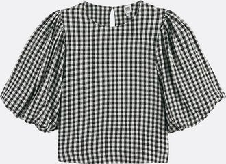 La Redoute Collections Geruite ballonblouse met ronde hals en korte mouwen