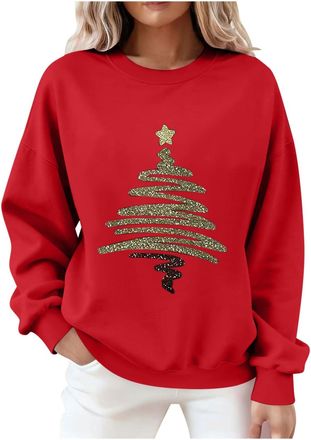 Generic Sweatshirt for Women UK 2025 Fashion Christmas Pullover Tops Fall Winter Long Sleeve Crewneck Fleece Blouse Dressy Casual Xmas Tree Santa Print Jumper