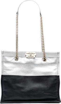 Chanel Pre-owned Womens Large Bicolor Metallic Goatskin And Calfskin Boy Tote - Silver Leather - One Size