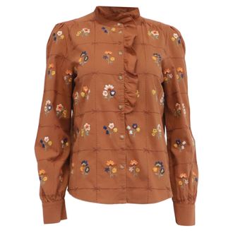 Sezane Chlo Floral-Embroidered Shirt in Brown Cotton