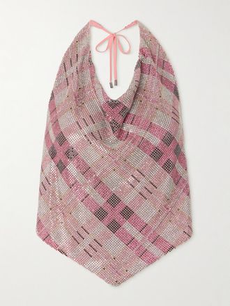 Self Portrait Top In Faille A Quadri Con Scollo Allamericana, Catena E Cristalli - Rosa