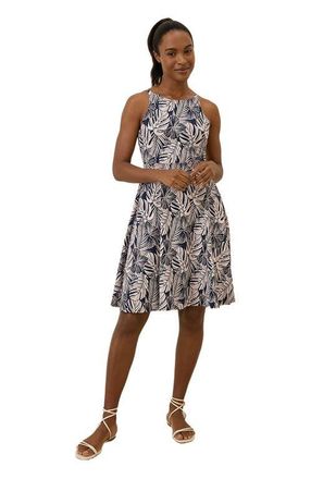 Pact Organic Cotton Fit & Flare Twist Back Dress in Midnight Blue Palms at Nordstrom, Size Large