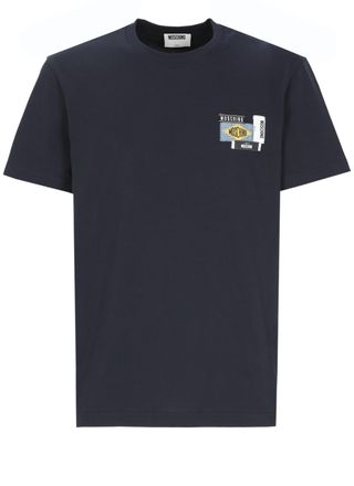 Moschino Blue Embroidered Logo Patch Cotton T-Shirt